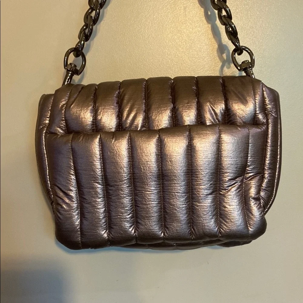 THINK ROYLN Silver Satchel with Chain Strap and Pleated Design